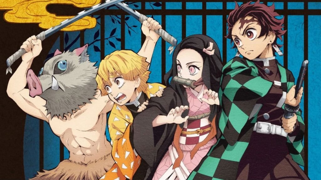 The four main characters from Demon Slayer—Tanjiro, Nezuko, Zenitsu, and Inosuke—standing together in a dynamic pose.